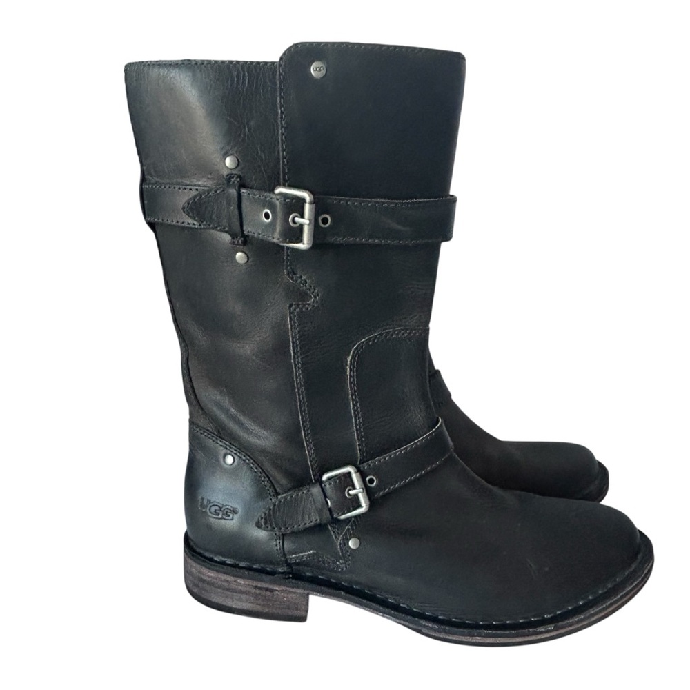 UGG Gillespie Boots Women 8.5 Brown Leather Shearling Engineer Moto Biker Buckle